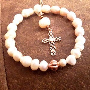 Fresh water pearl cross rose gold necklace 16" and stretch bracelet set.